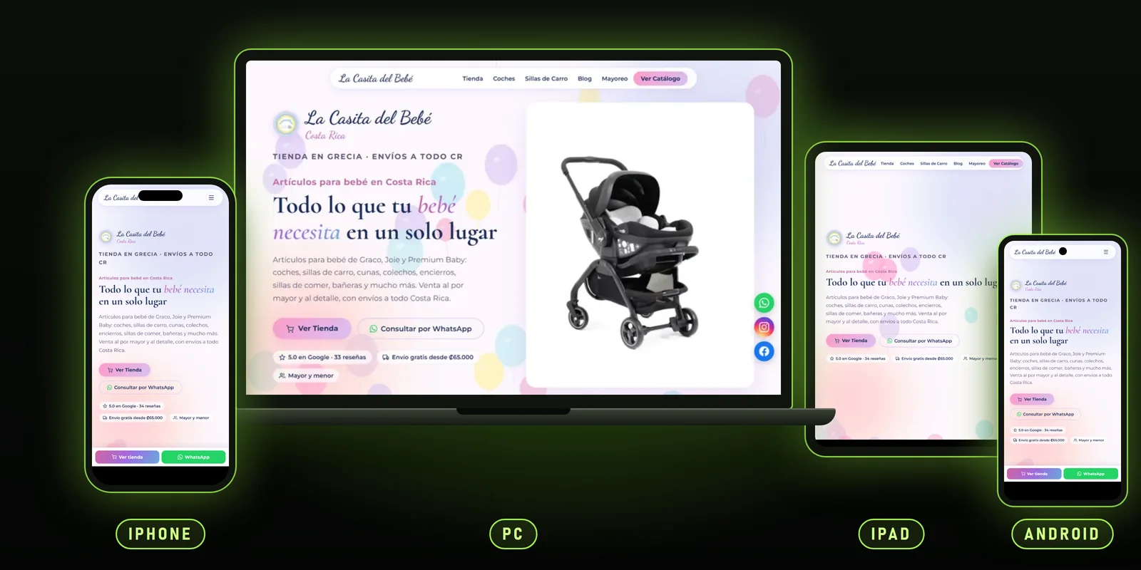 Una tienda en línea hecha por HacksinCodigos, vista en una computadora, un iPad, un iPhone y un teléfono Android